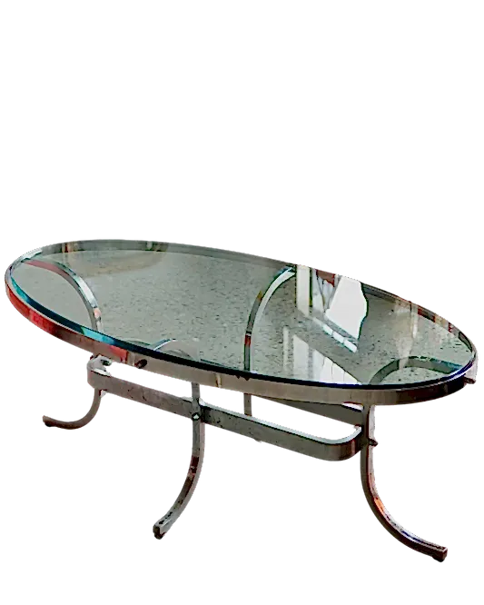 BENT CHROME AND GLASS OVAL COFFEE TABLE