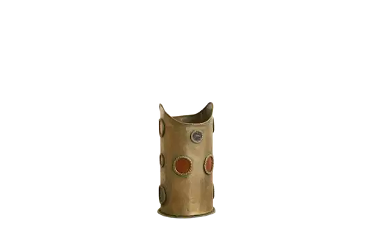 BRUTALIST METAL BIN w. LEATHER COLOURED CIRCLES