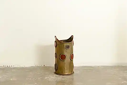 BRUTALIST METAL BIN w. LEATHER COLOURED CIRCLES