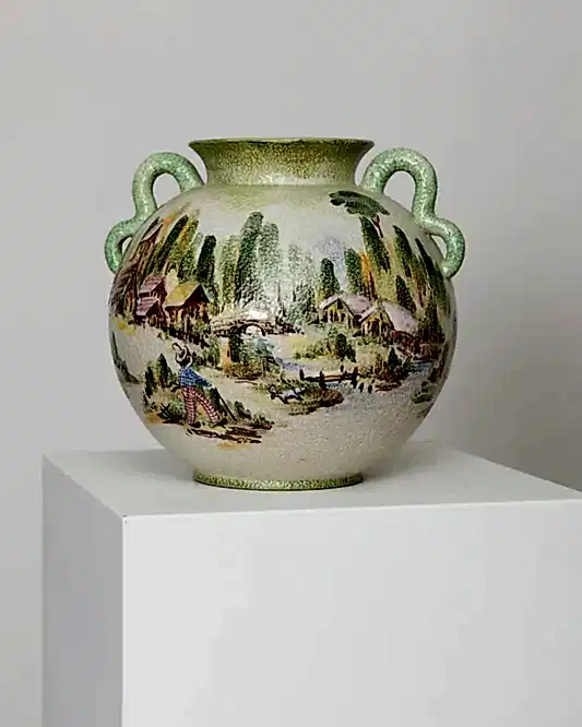 AUSTRIAN SCENE ENAMLED POTTERY VASE