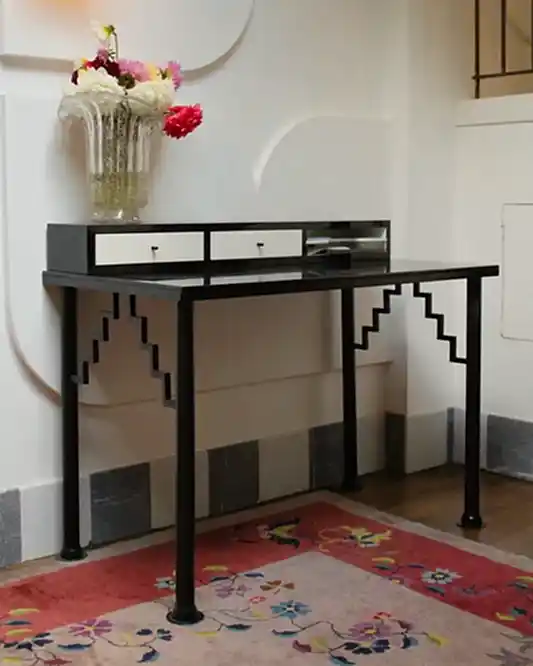 ART DECO BLACK LAMINATE DESK w. METAL BASE