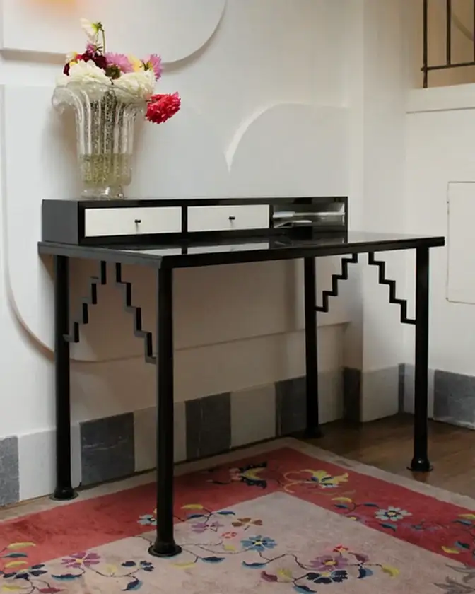 ART DECO BLACK LAMINATE DESK w. METAL BASE