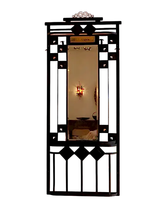 ART DECO WROUGHT IRON HALL STAND w. FROSTED GLASS LIGHT