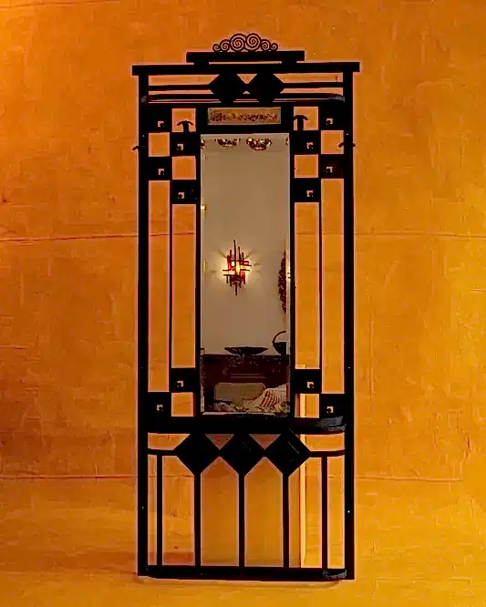 ART DECO WROUGHT IRON HALL STAND w. FROSTED GLASS LIGHT