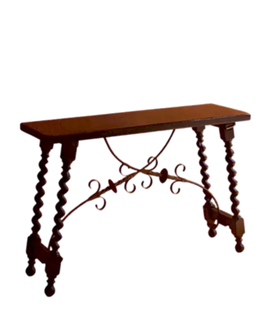 BAROQUE SPANISH EBONIZED CONSOLES w. FORGED IRON TRESTLE LEG