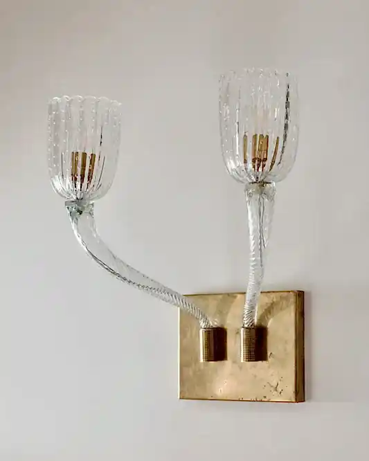 BRASS TWIN ARMED MURANO GLASS WALL SCONCES