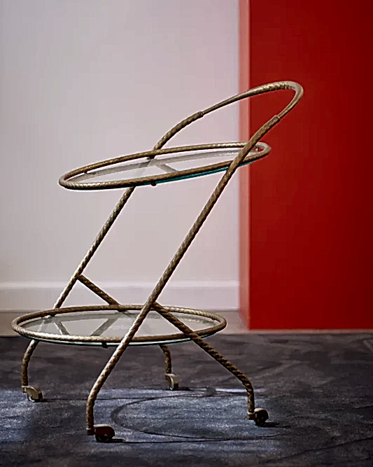 BRASS DRINKS TROLLEY w. TWO TRAYS AND SIMULATED ROPE WORK BRASS FRAME