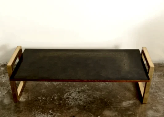 BRUTALIST COFFEE TABLE WITH PRESSED PATTERN TOP & GOLD LEGS