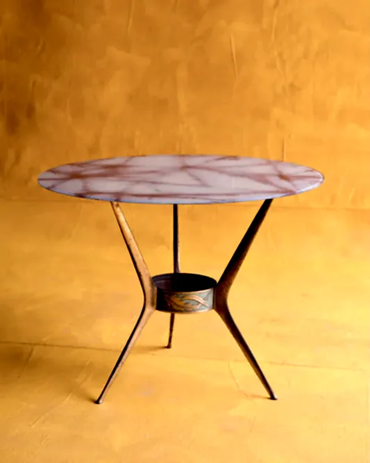 BRONZE TRIPOD SIDE TABLE w. MARBLE GLASS TOP