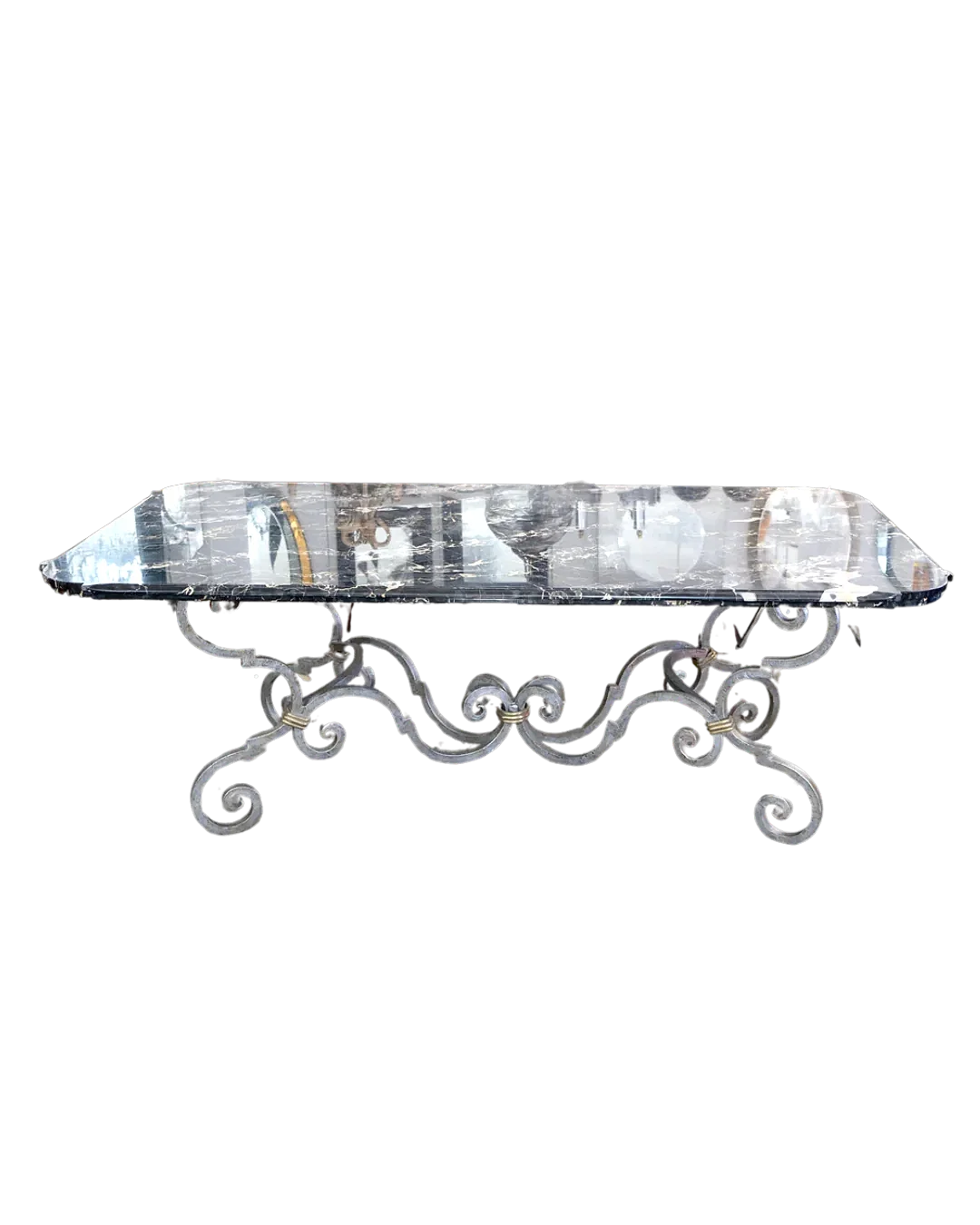 19th CENTURY HAND FORGED IRON DINING TABLE w. BEVELED MARBLE TOP