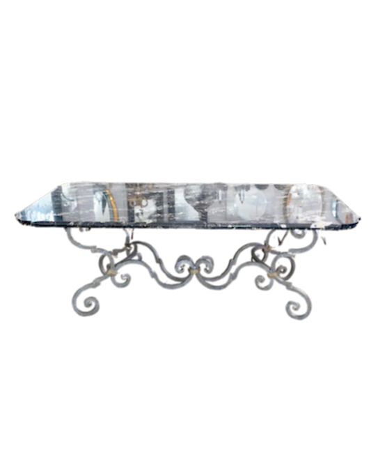 19th CENTURY HAND FORGED IRON DINING TABLE w. BEVELED MARBLE TOP